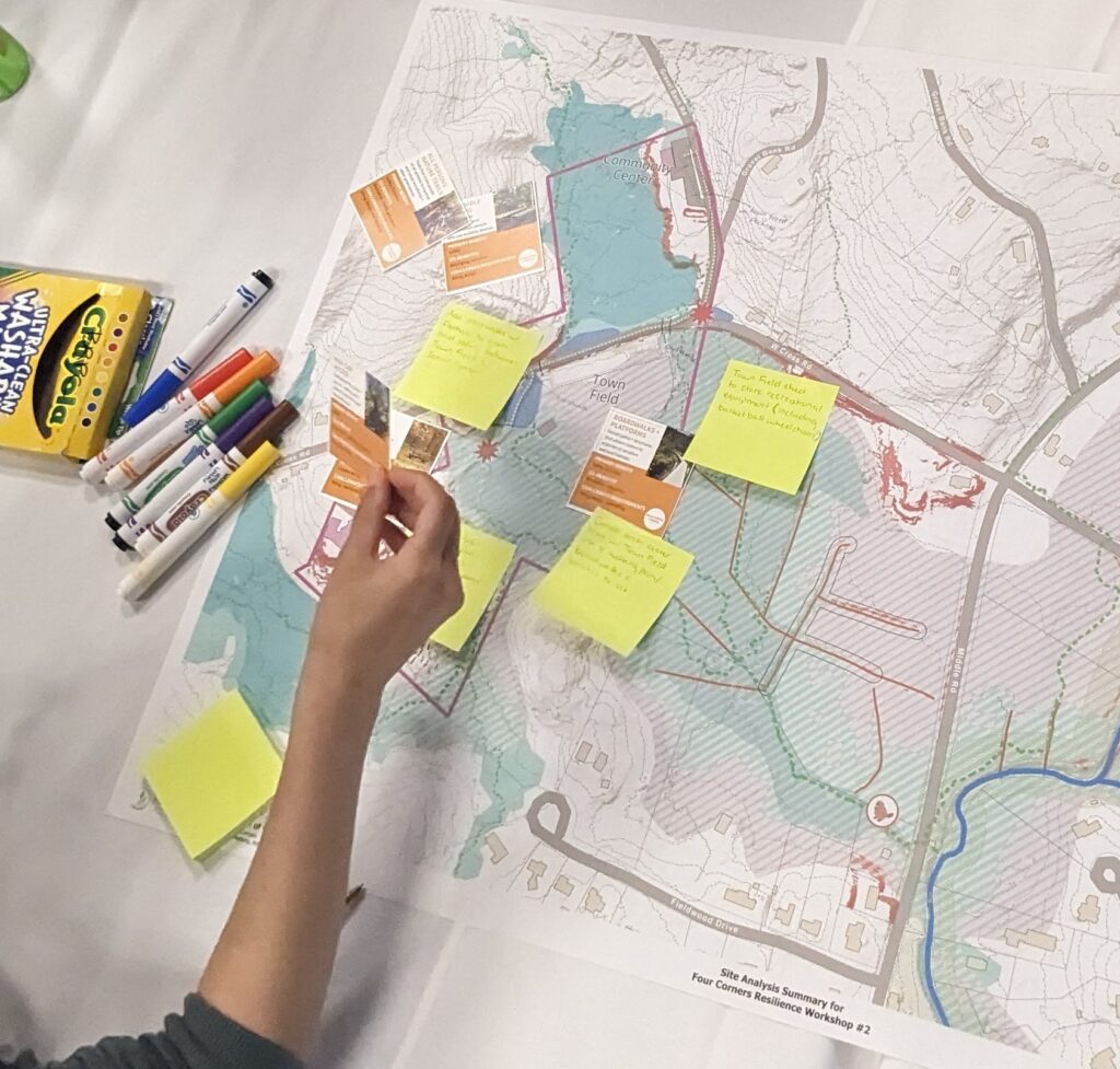 group accessibility and safety features and ideas laid out on sticky notes and printed cards attached to a map of the four corners area, with a hand placing another card.